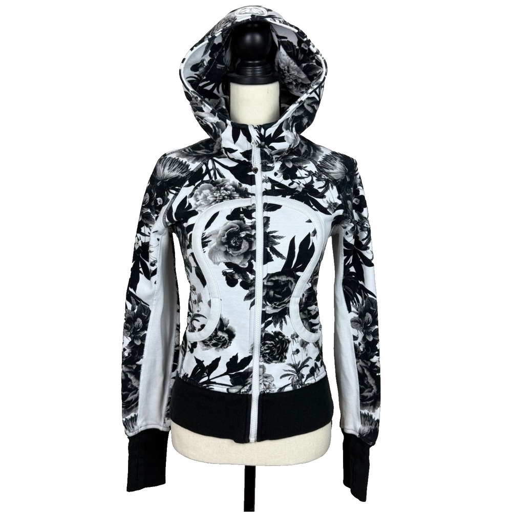 Lululemon Scuba Hoodie Women 4 Black White Floral Full Zip Thumbholes Jacket